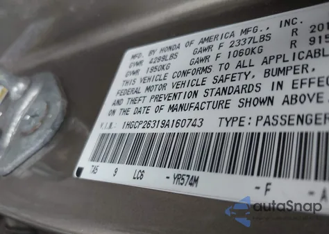 2009 Honda Accord 2.4 Lx from USA, damaged, VIN 1HGCP26319A160743